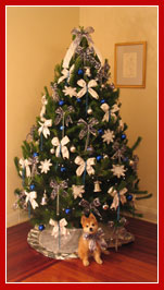Live Christmas Tree - Mid Sized 8 foot, Snow White and Blue decorations